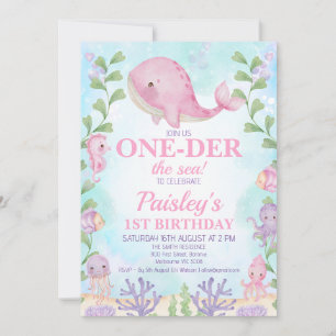 Pink Whale Under the Sea Girls 1st Birthday Invitation