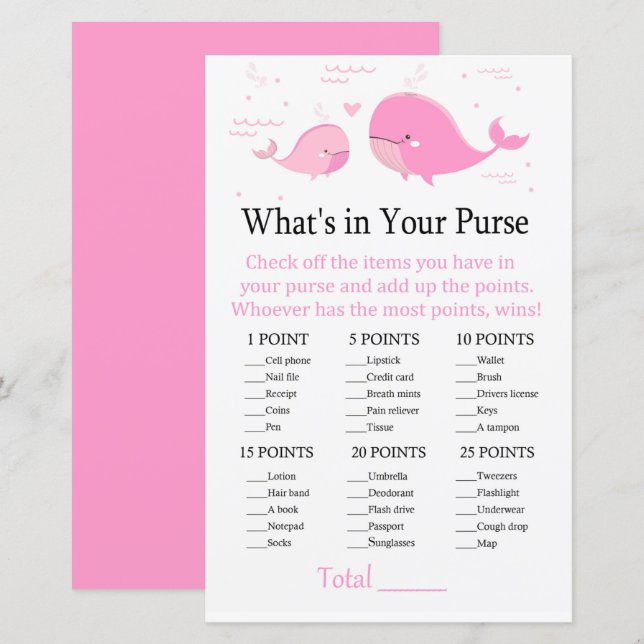 Pink Whale What's in your purse game (Front/Back)