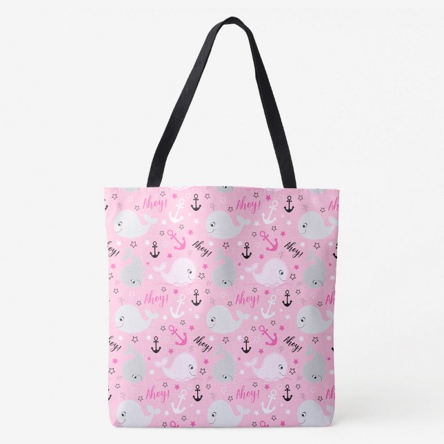 Pink Whales Anchors Nautical Girly Ocean Pattern Tote Bag (Cute Pink Whales Ahoy Tote Bag)