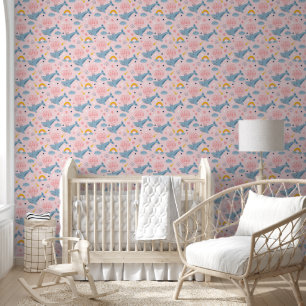 Pink Whales and Hot Air Balloons Kids Wallpaper