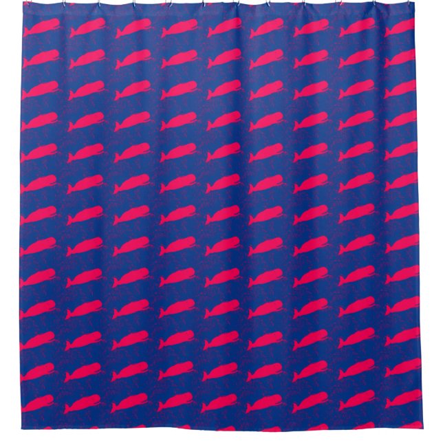 pink whales on blue pattern shower curtain (Front)