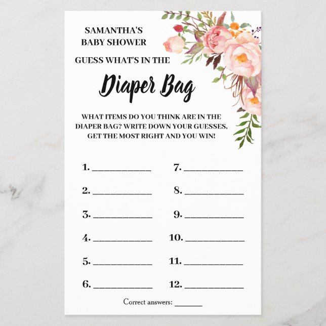 Pink What is in the diaper bag shower game card (Front)