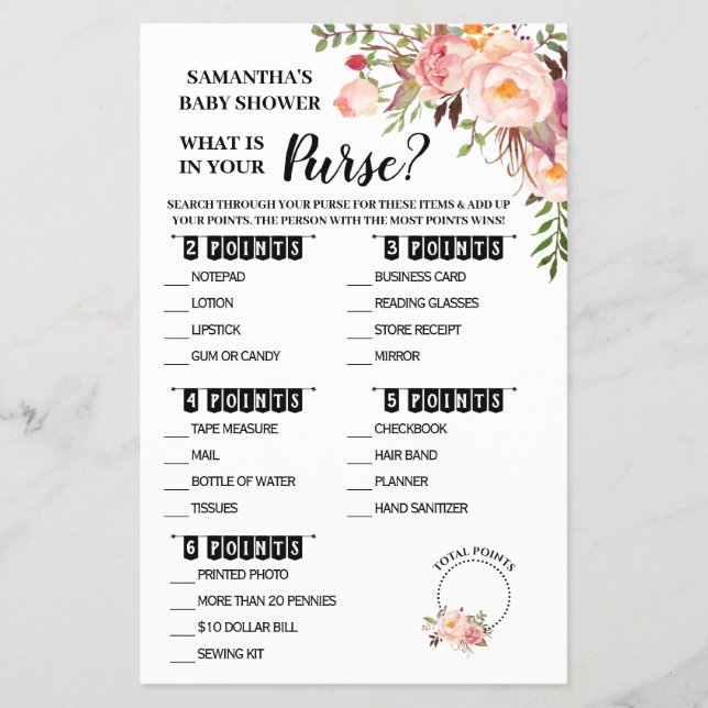 Pink What is in your Purse bilingual game card (Front)