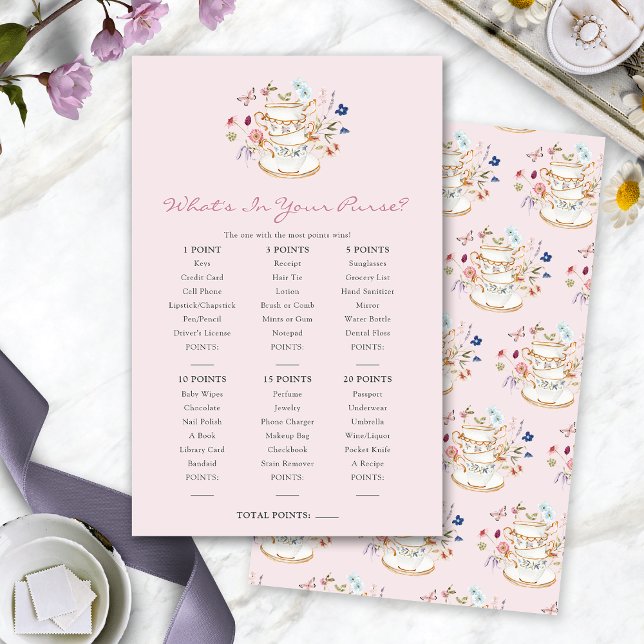 Pink What's In Your Purse Game (Pink Tea Party Wedding Shower What's In Your Purse Game by Painted Paperie
)