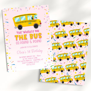 Pink Wheels on the Bus 1st Birthday Invitation