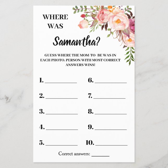 Pink Where was She Baby shower bilingual game card (Front)