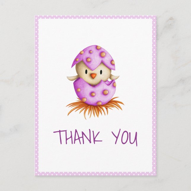 Pink Whimsical Baby Bird Hatching Thank You Postcard (Front)