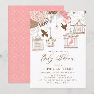 Pink Whimsical Birdcages Baby Shower Invitation