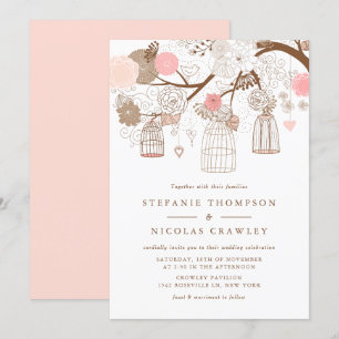 Pink Whimsical Birdcages Floral Wedding Invitation