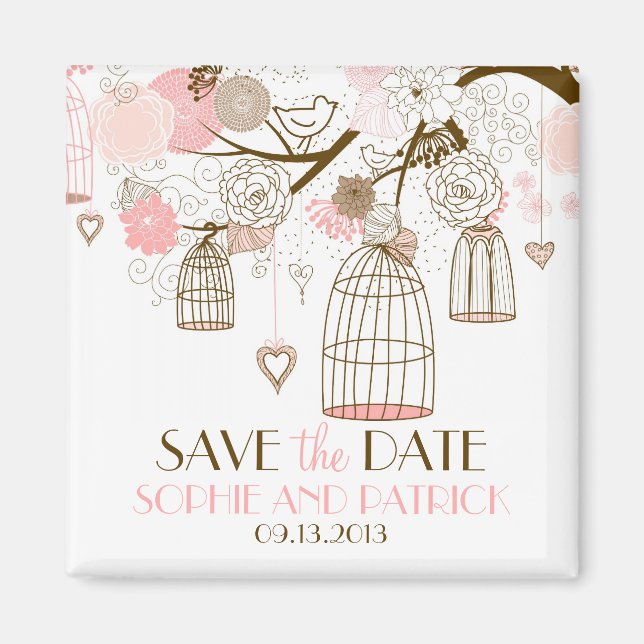 Pink Whimsical Birdcages Save the Date Magnet (Front)