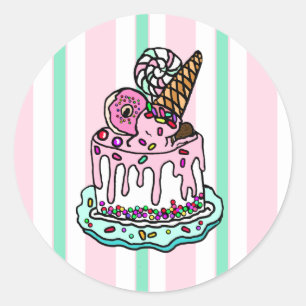 Pink Whimsical Birthday Cake Classic Round Sticker