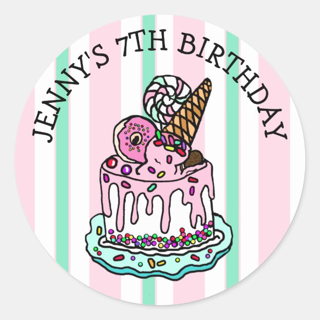 Pink Whimsical Birthday Cake Classic Round Sticker (Front)