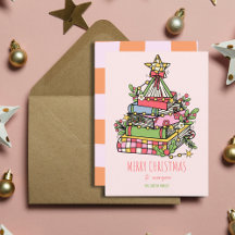 Pink Whimsical Book Tree Christmas Card