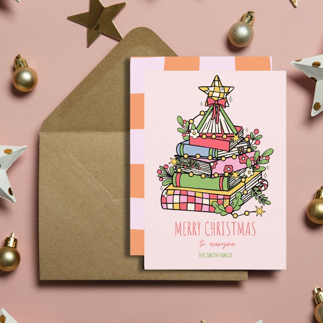Pink Whimsical Book Tree Christmas Card (Creator Uploaded)