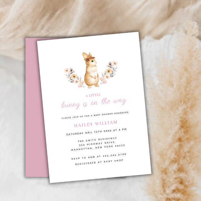 Pink Whimsical Bunny Wildflower  Baby Shower Invitation (Pink Whimsical Bunny Wildflower Baby Shower Invitation)