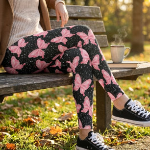 Pink Whimsical Butterflies on Black Leggings