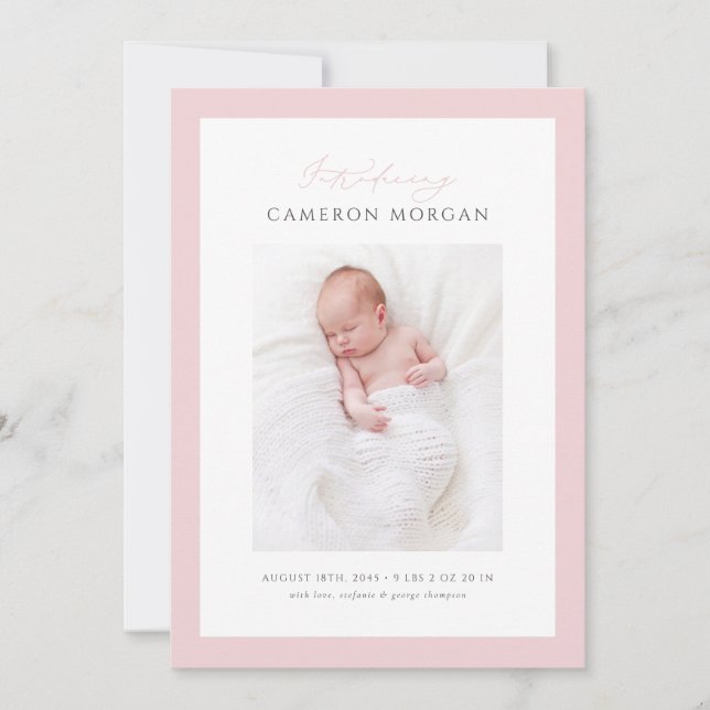 Pink Whimsical Calligraphy Photo Baby Birth Announcement (Front)