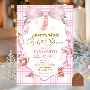 Pink Whimsical Christmas Bow Merry Little Baby Invitation