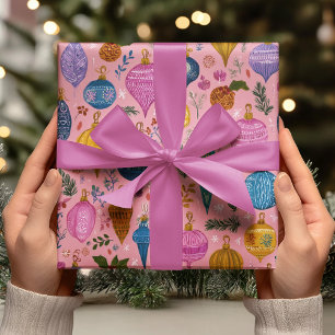 Pink Whimsical Christmas Ornaments Wrapping Paper
