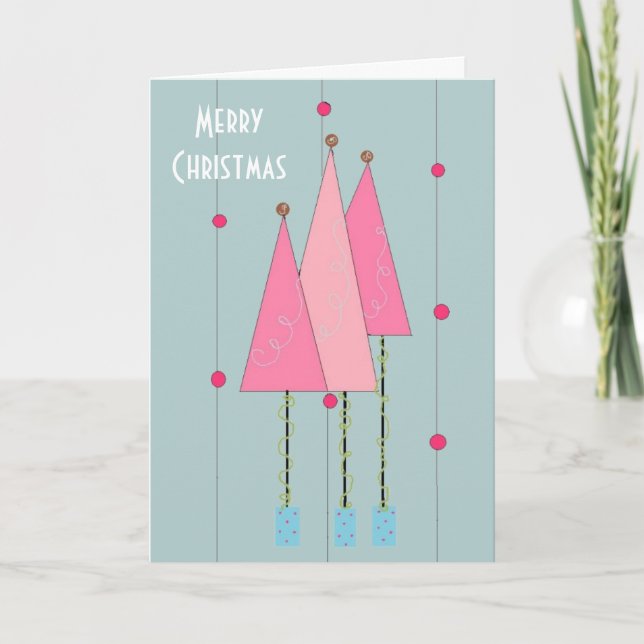 Pink Whimsical Christmas Trees Holiday Card (Front)