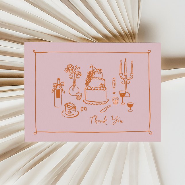 Pink Whimsical Doodle Hand-Drawn Thank You (bridal shower thank you card in pink and orange hand-drawn food doodles)