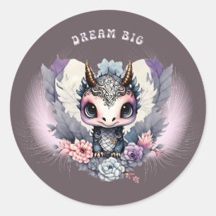 Pink Whimsical "Dream Big" Little Dragon  Classic Round Sticker
