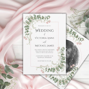 Pink Whimsical Floral Photo Vintage Wedding Invitation