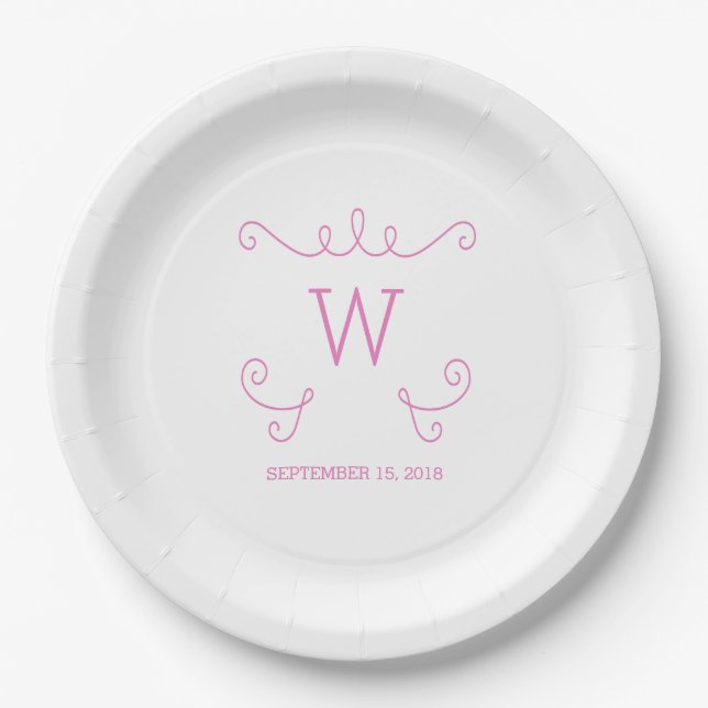 Pink Whimsical Flourish Monogram Paper Plates (Front)