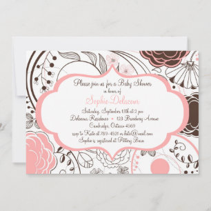 Pink Whimsical Flowers Baby Shower Invitations
