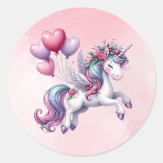 Pink whimsical flying unicorn classic round sticker