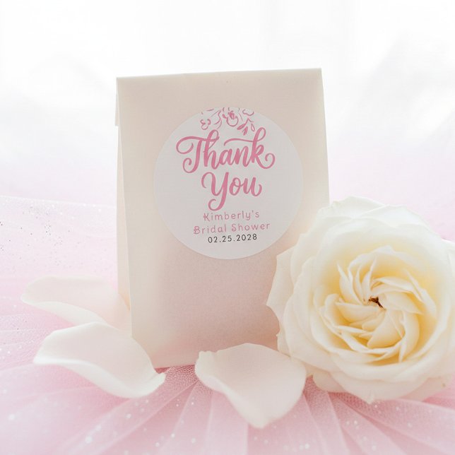 Pink Whimsical Garden Bridal Shower Thank You  Classic Round Sticker (Pink Thank You Bridal Shower Stickers)