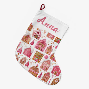 Pink Whimsical Gingerbread Houses Name Stocking