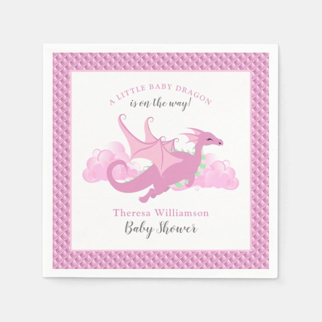 Pink Whimsical Girl Dragon Baby Shower Napkin (Front)