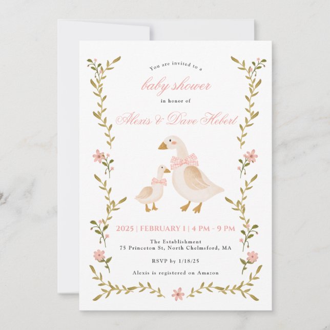 Pink Whimsical Goose Baby Shower Invitation (Front)