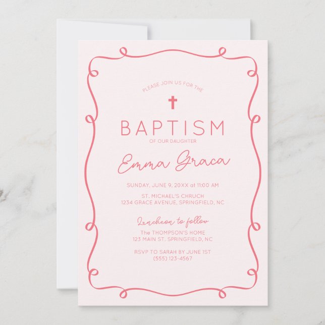 Pink Whimsical Hand Drawn Baptism Invitation (Front)