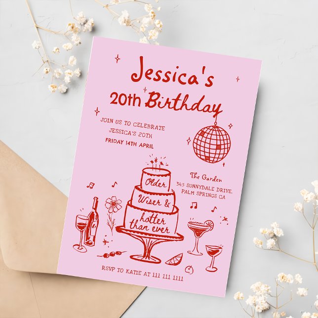 Pink Whimsical Hand Drawn Funky Birthday Party Invitation (Creator Uploaded)