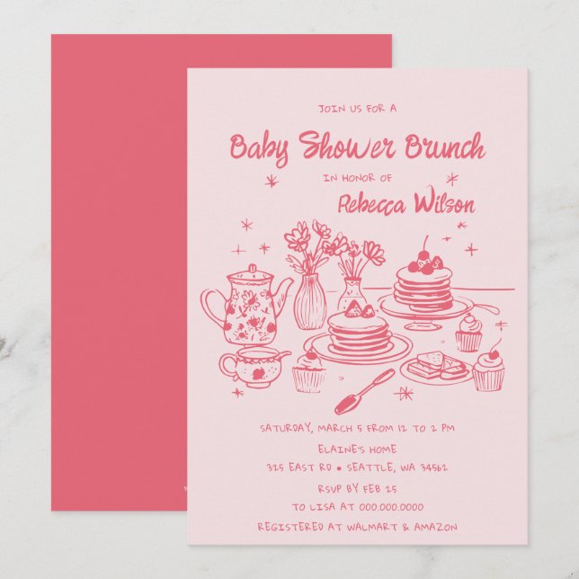 Pink Whimsical Hand Drawn Girl Baby Shower Brunch Invitation (Front/Back)