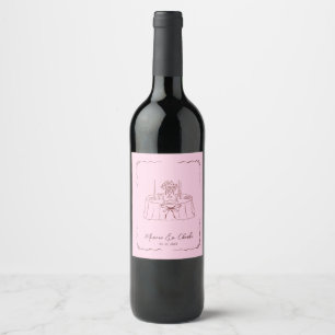 Pink Whimsical Hand-Drawn Illustrated Wedding Wine Label