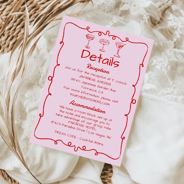 Pink Whimsical Hand Drawn Retro Wedding Details Enclosure Card (Creator Uploaded)