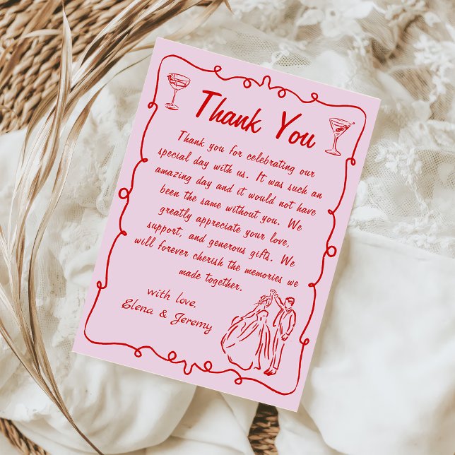 Pink Whimsical Hand Drawn Wedding Thank You Card (Creator Uploaded)