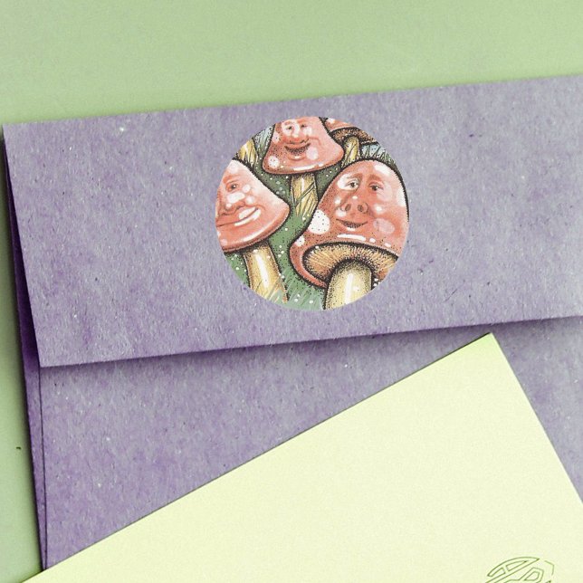 Pink Whimsical Mushroom Faces Classic Round Sticker (Cute pink mushrooms with smiling faces in grass on round stickers.)