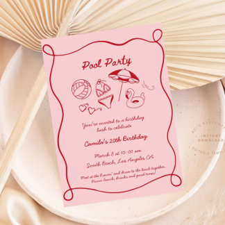 Pink Whimsical Pool Party Summer Bday Invitation