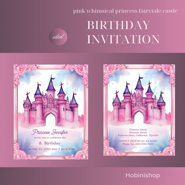 pink whimsical princess fairytale castle birthday  invitation (pink whimsical princess fairytale castle birthday invitation)