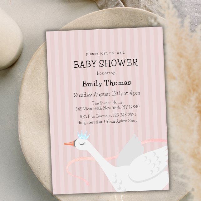 Pink Whimsical Princess Swan Stripe Baby Shower  Invitation (Pink Whimsical Princess Swan Stripe Baby Shower Invitation)