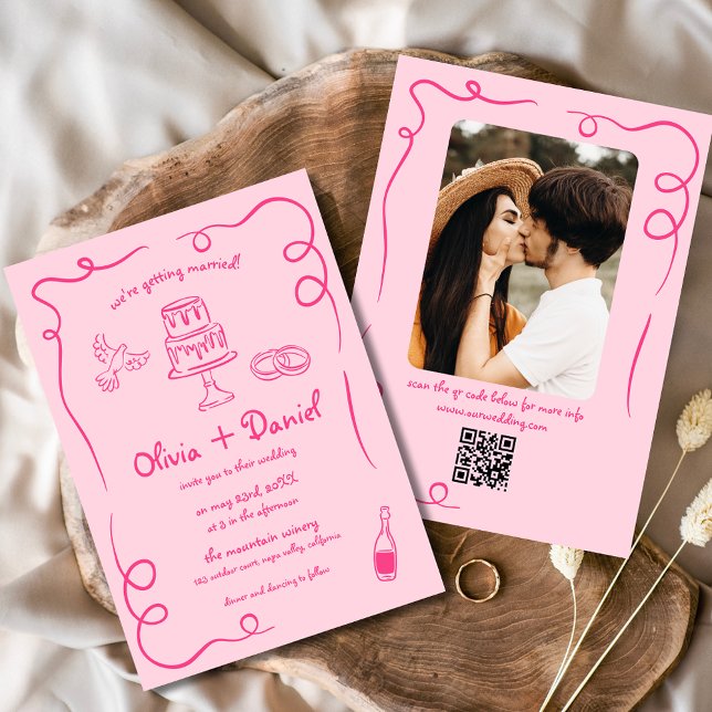 Pink Whimsical QR Code Hand Drawn Photo Wedding Invitation (Creator Uploaded)