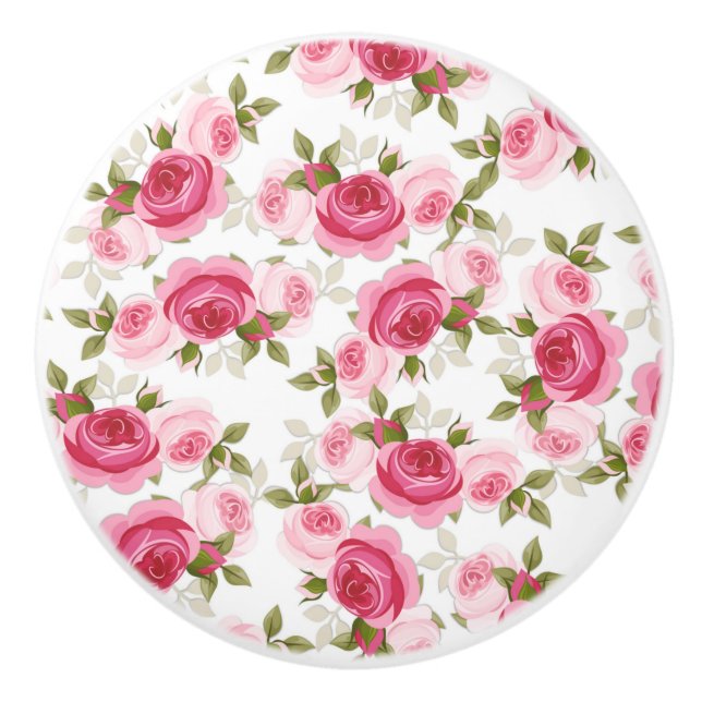 Pink Whimsical Roses Rustic Floral Shabby Chic Ceramic Knob (Front)