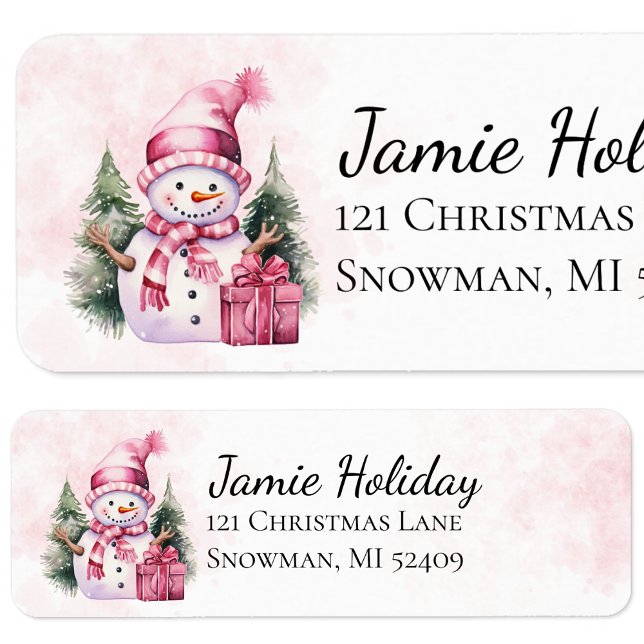 Pink Whimsical Snowman Christmas Return Address (Creator Uploaded)