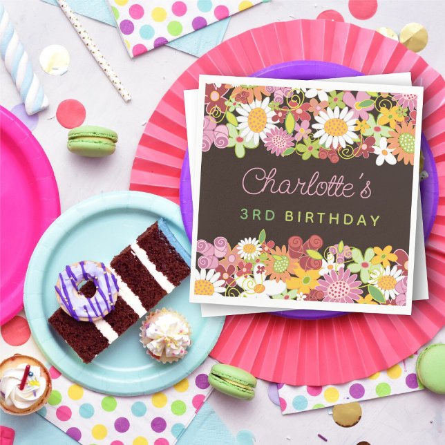 Pink Whimsical Spring Flowers Garden Girl Birthday Napkin (Pink Pastels Spring Flowers Garden Kid's Birthday Party Paper Napkins @ fat_fa_tin)