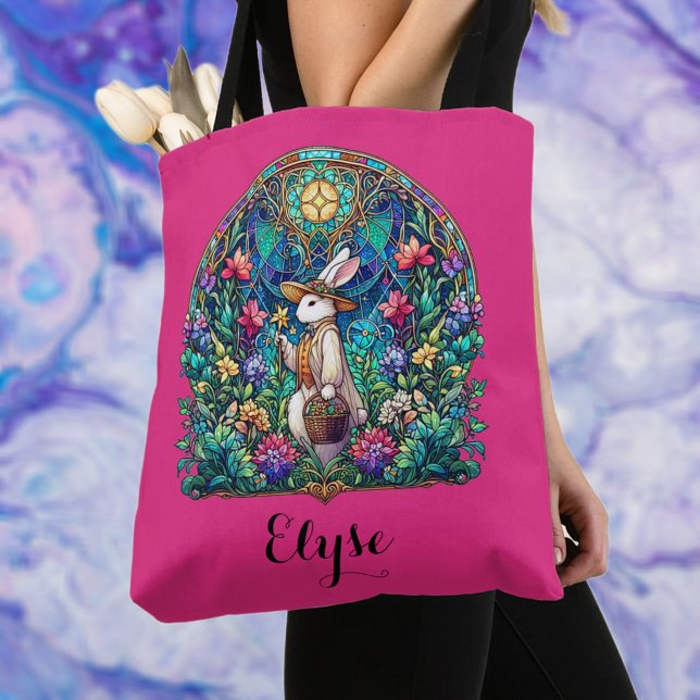 Pink Whimsical Stained Glass Easter Bunny Tote Bag (Creator Uploaded)