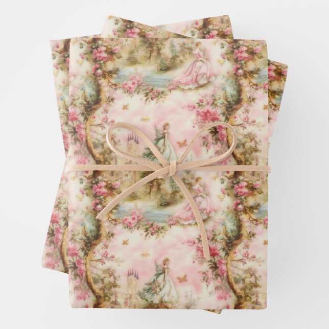 Pink Whimsical Toile Wrapping Paper Sheets (In situ)